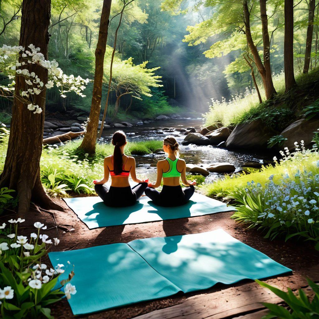 A serene scene depicting a tranquil forest with a person meditating on a yoga mat, surrounded by blooming flowers and gentle sunlight filtering through the trees. Nearby, a small stream flows peacefully, suggesting balance and harmony with nature. Elements like a journal and a steaming cup of herbal tea are placed nearby for self-care. The atmosphere is calming and uplifting, evoking a sense of contentment and optimism. vibrant colors. super-realistic.