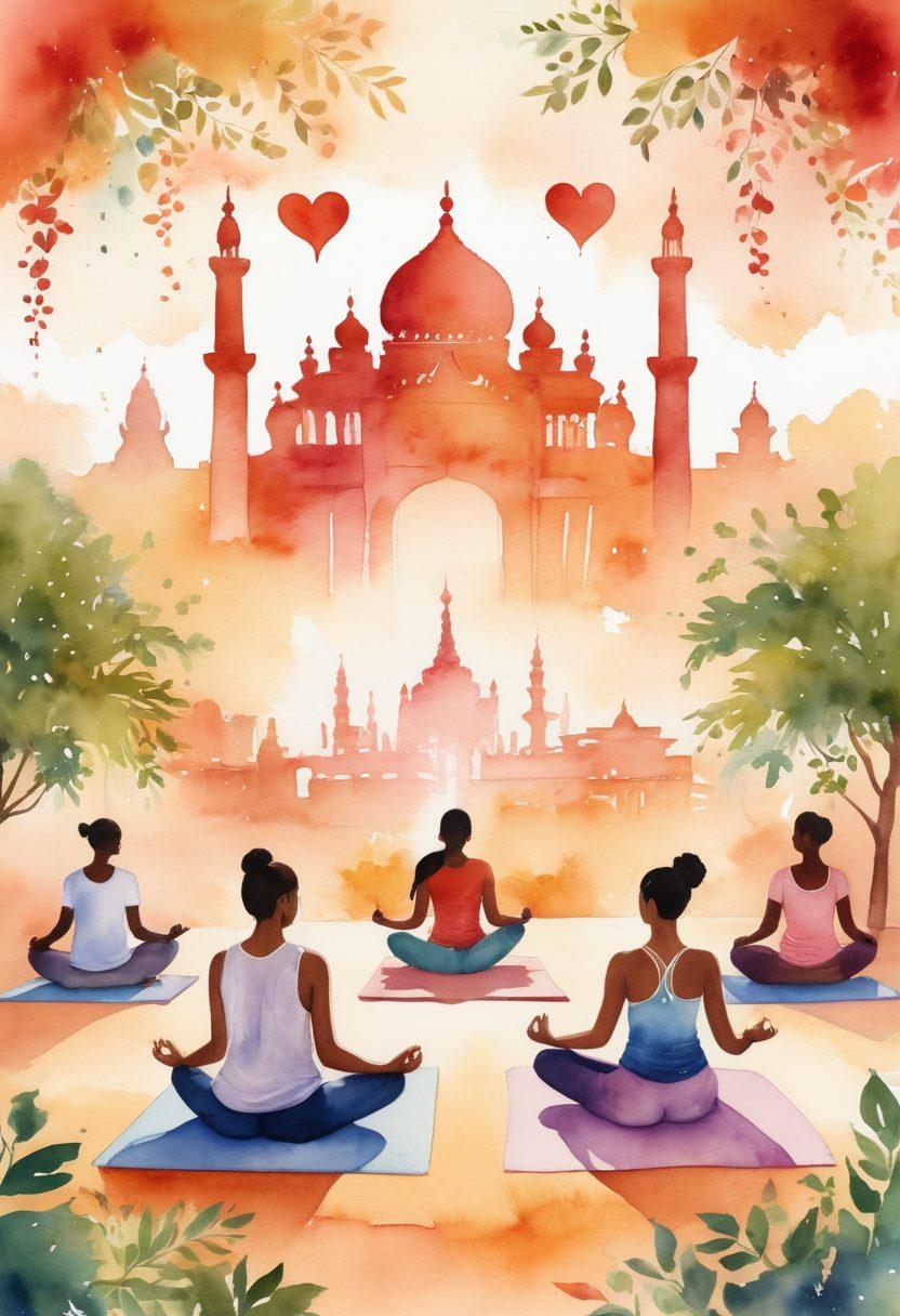 A serene scene depicting diverse people from different cultures engaging in wellness activities together, such as yoga, meditation, and sharing meals. The background features iconic landmarks from around the world, symbolizing international connection. Soft, warm colors create a calming atmosphere, while overlapping hearts and vines represent personal fulfillment and harmony. Watercolor style, vibrant colors.