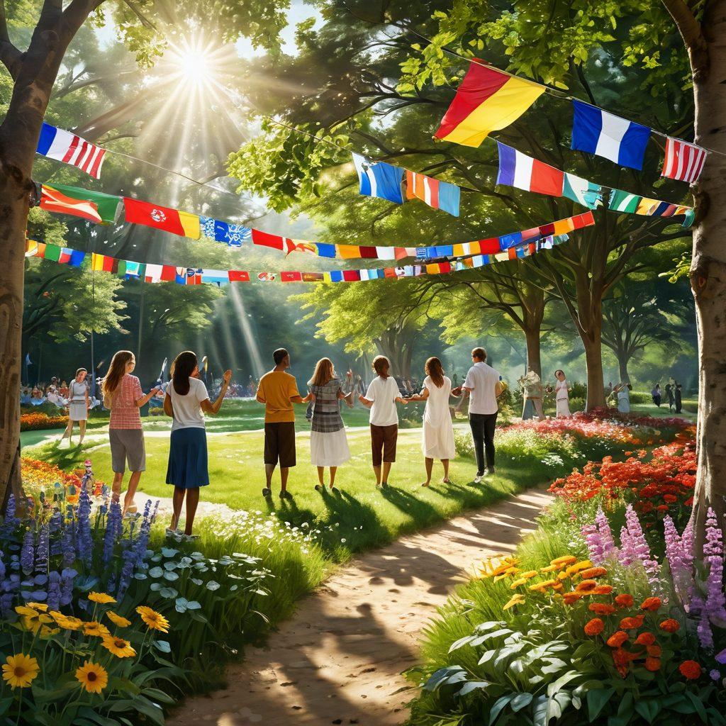 A serene landscape featuring a group of diverse people engaging in joyful activities together, surrounded by vibrant flowers and greenery symbolizing emotional health. Soft beams of sunlight filtering through trees, creating a warm and inviting atmosphere representing harmony. In the background, flags from various countries flutter gently to signify international unity. super-realistic. vibrant colors. peaceful ambiance.